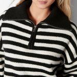 Autumn winter soft loose lazy stylish lapel collar half zipper high neck thick striped women's sweater