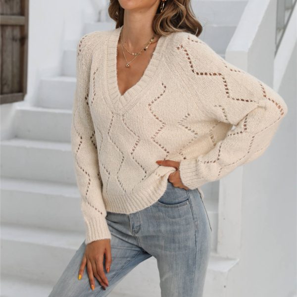 hot selling v neck pure color hollow out knitwear women pullover oversize short sweaters