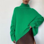 Fall winter fashion ladies sweater loose turtleneck pure color knitted pullover long casual knitwear