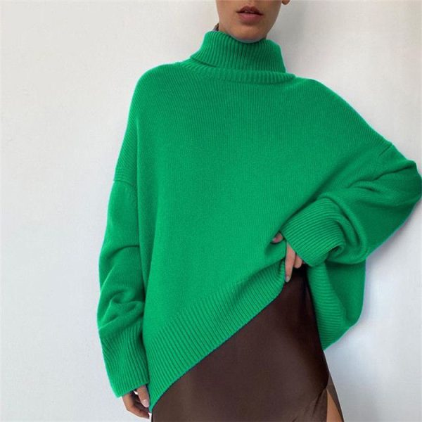Fall winter fashion ladies sweater loose turtleneck pure color knitted pullover long casual knitwear