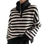 Autumn winter soft loose lazy stylish lapel collar half zipper high neck thick striped women's sweater