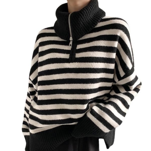 Autumn winter soft loose lazy stylish lapel collar half zipper high neck thick striped women's sweater