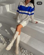 Turn down collar striped knitwear color blocking loose pullover casual women mini half zipper dress