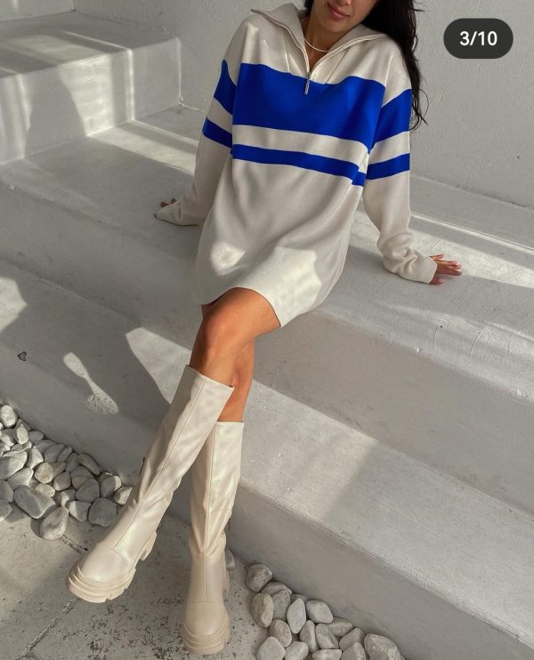 Turn down collar striped knitwear color blocking loose pullover casual women mini half zipper dress