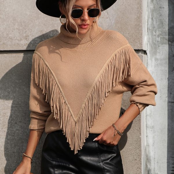 Trending Fall Winter Loose fringe jumpers elegant pullover knitted rolled turtleneck sweater for women
