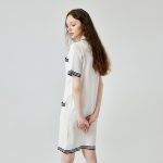 High quality elegant v neck knitwear temperament commuter pullover ladies striped midi knitted dress with pockets