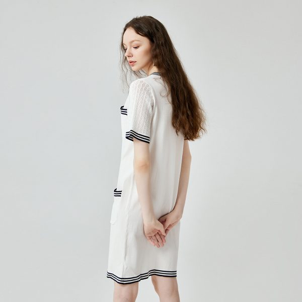 High quality elegant v neck knitwear temperament commuter pullover ladies striped midi knitted dress with pockets