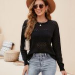 Autumn winter basic jumpers hollow out see through knitwear round neck casual pullover solid color sweaters for women