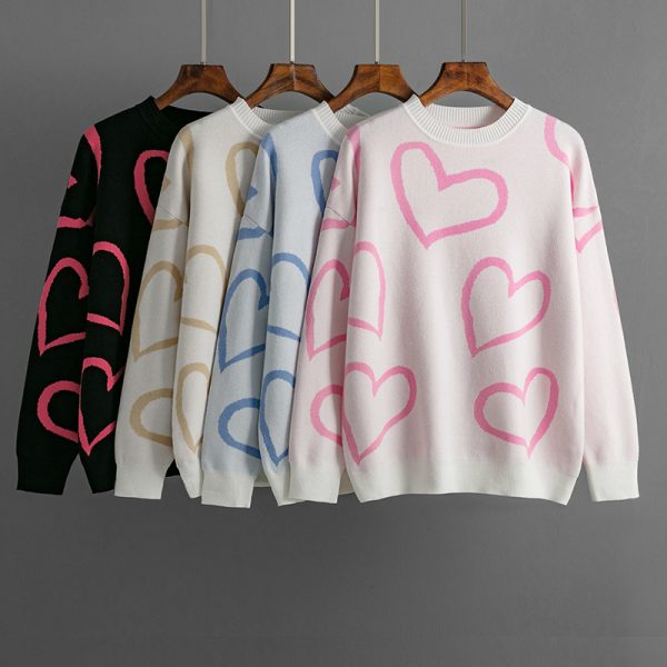 Hot selling Casual Valentine's Day Long Sleeve Knitwear Color Blocking Knitted Loose Heart Pullover Women Sweater
