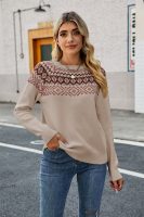 Fall Winter new style vintage jacquard color blocking knitted jumper Elegant loose pullover sweater