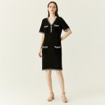 High quality elegant v neck knitwear temperament commuter pullover ladies striped midi knitted dress with pockets