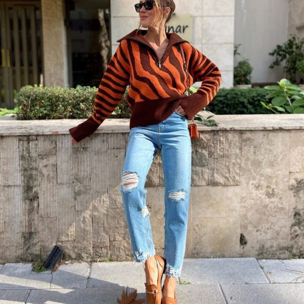 Autumn Winter turtleneck women casual oversize streetwear stylish short jacquard half zipper sweaters coats