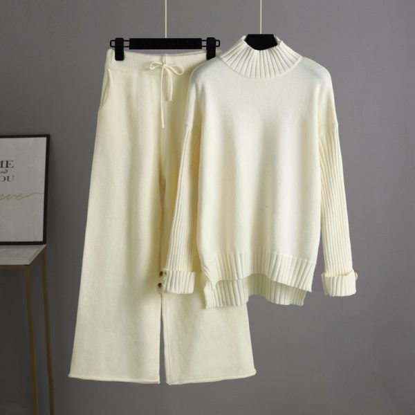 Trending Fashion rolled neck sweaters wide leg pants 2 piece set women knitted winter autumn casual streetwear