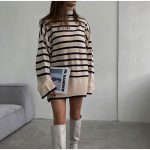 rolled neck sweaters oversize color blocking side split women autumn winter jumper mujer
