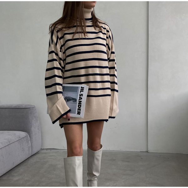 rolled neck sweaters oversize color blocking side split women autumn winter jumper mujer