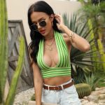 New arrivals fashion striped knitwear sleeveless sexy bodycon V neck backless summer knitted halter vest women
