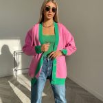 High quality contrast color Loose Knitwear sweater Tops Y2K style Oversize Long Sleeve V Neck Ladies Cardigan