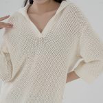 Trending fashion solid color casual knitwear pullover turn down collar hollow out sweaters women