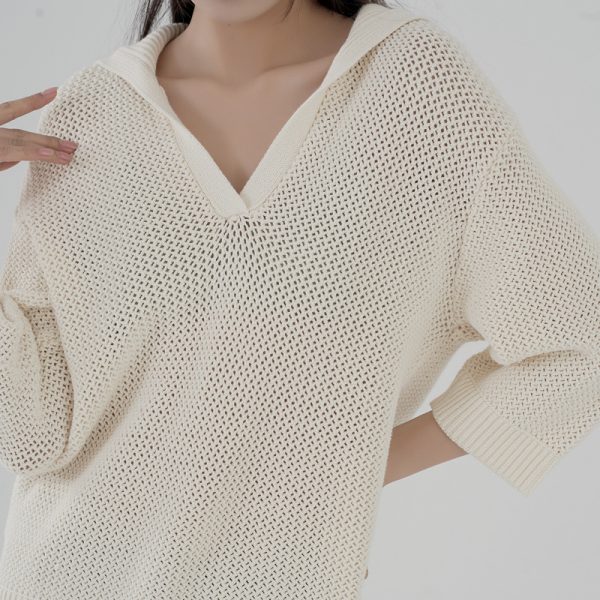 Trending fashion solid color casual knitwear pullover turn down collar hollow out sweaters women