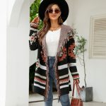 fashion women sweaters hooded knitted tassel cardigan jacquard sweater