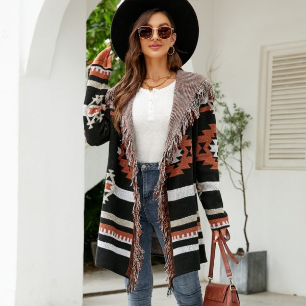 fashion women sweaters hooded knitted tassel cardigan jacquard sweater