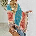 2026 new arrivals Color blocking knitwear striped knitted cape fashion V neck women tassel shawl