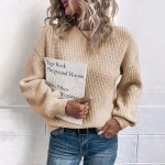 round neck solid color knitwear women lantern sleeve casual pullover sweaters