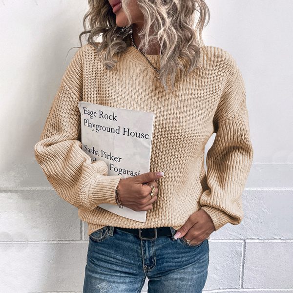 round neck solid color knitwear women lantern sleeve casual pullover sweaters
