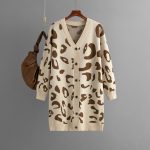 Knitwear deep v neck leopard pattern sweaters coat oversize lengthen women jacquard cardigans