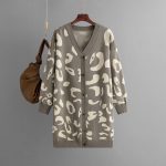 Knitwear deep v neck leopard pattern sweaters coat oversize lengthen women jacquard cardigans