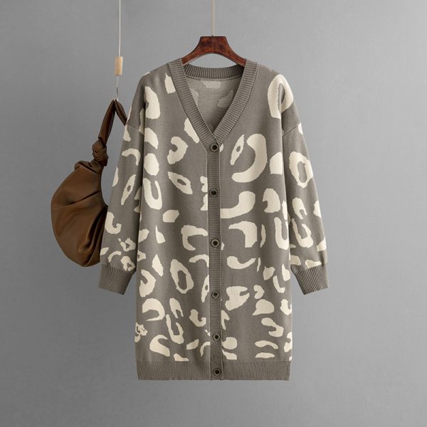 Knitwear deep v neck leopard pattern sweaters coat oversize lengthen women jacquard cardigans