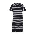 spring summer round neck pullover loose knitwear midi women casual striped knitted dress with tassel