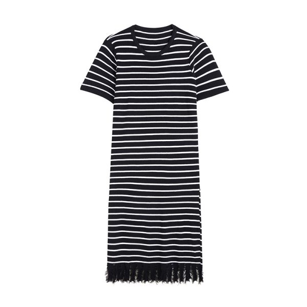 spring summer round neck pullover loose knitwear midi women casual striped knitted dress with tassel