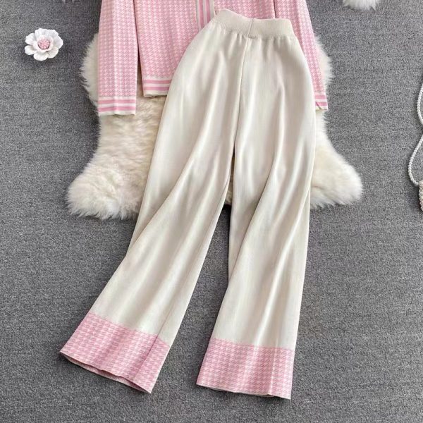 New arrivals women elegant single-breasted cardigans knit high waist pants set color blocking 2 piece matching outfits