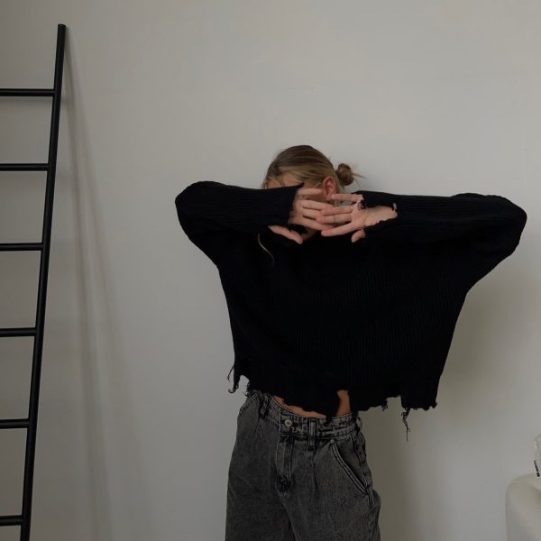2026 Latest design crew neck ripped sweaters oversize wool knit tops elegant solid color mujer jumpers