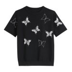 New Arrivals casual crew neck butterfly jumpers women Hot drill short sleeve pullover sweaters