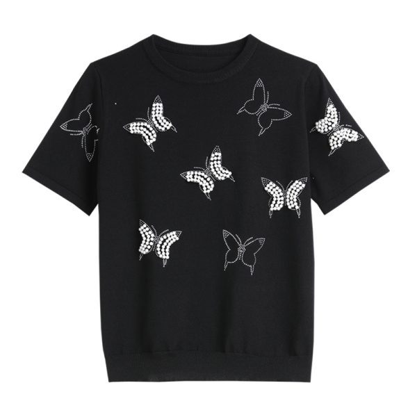 New Arrivals casual crew neck butterfly jumpers women Hot drill short sleeve pullover sweaters