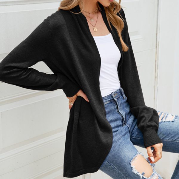 Autumn winter solid color pleated knitted long sleeve sweater coat women elegant cardigan