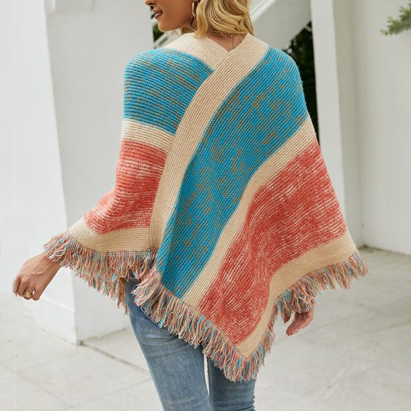 2026 new arrivals Color blocking knitwear striped knitted cape fashion V neck women tassel shawl