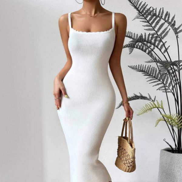 Trending fashion solid color casual knitwear sleeveless elegant slim fit sexy maxi spaghetti strap knit dress for women