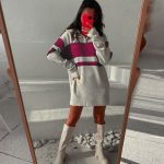 Turn down collar striped knitwear color blocking loose pullover casual women mini half zipper dress