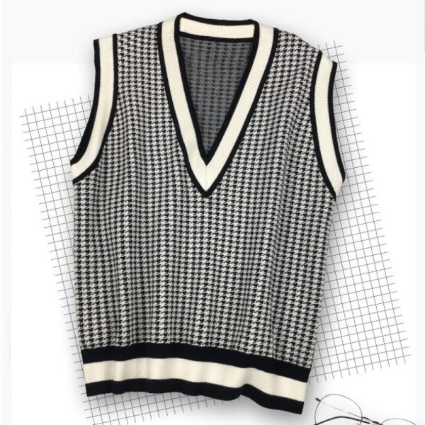 v neck autumn winter knitwear sleeveless vest color blocking loose unisex casual sweaters