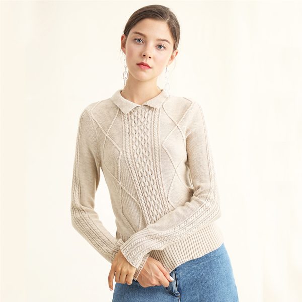 New design spring summer lapel collar cable knit sweaters women pullover long sleeve knitted sweater