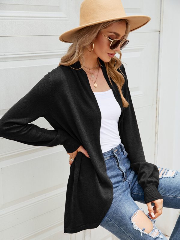 Autumn winter solid color pleated knitted long sleeve sweater coat women elegant cardigan