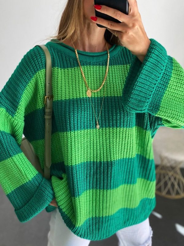 casual Trendy fashion women pullover knitwear long sleeve crew-neck stripe top knitted sweater