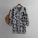 Knitwear deep v neck leopard pattern sweaters coat oversize lengthen women jacquard cardigans