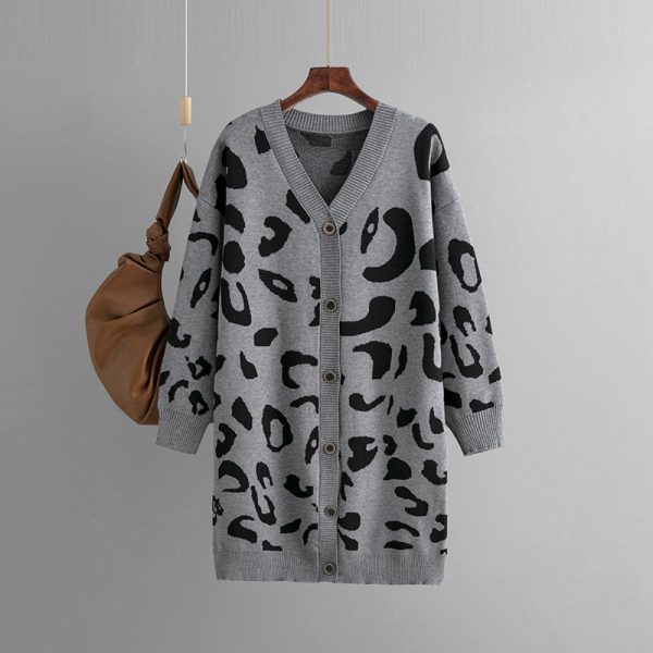 Knitwear deep v neck leopard pattern sweaters coat oversize lengthen women jacquard cardigans