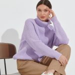 New arrivals rolled collar knitwear lantern sleeve knitted pure color tops oversize pullover casual sweaters women