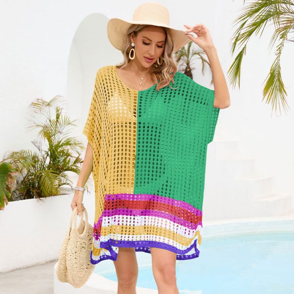 High quality color blocking elegant knitwear women pullover oversize U-neck knitted hollow out beach dress