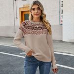 Fall Winter new style vintage jacquard color blocking knitted jumper Elegant loose pullover sweater